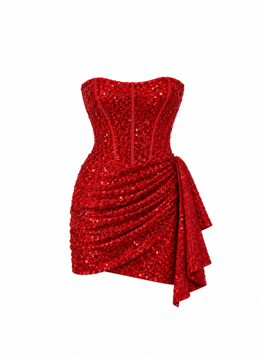 Vestido rojo con varillas centrado sobre fondo blanco